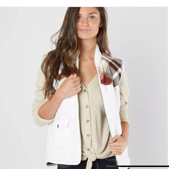 Jackets & Blazers - NWT Puffer Vest Buckle BKE Flannel White With Plaid Yoke Full Zip Sz Small